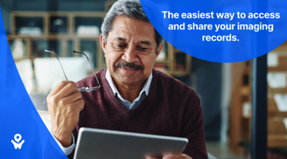 Man looking at a tablet, with a quote that says “the easiest way to access and share your imaging records” with the Pocket Health logo.